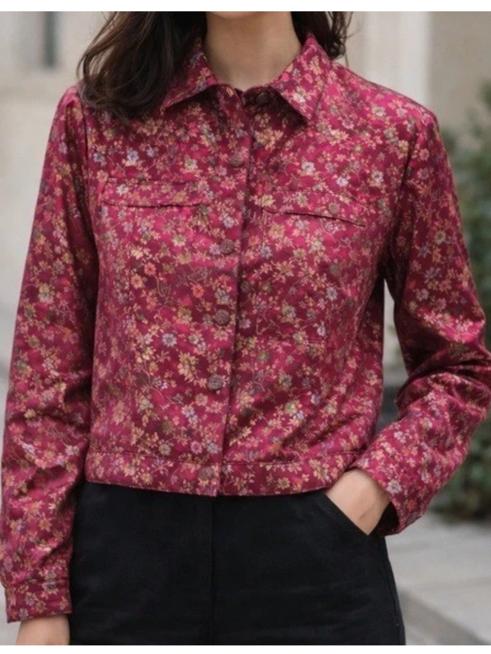 Vintage Bill Blass Jacket Medium Floral Brocade Button Front Oriental Satin